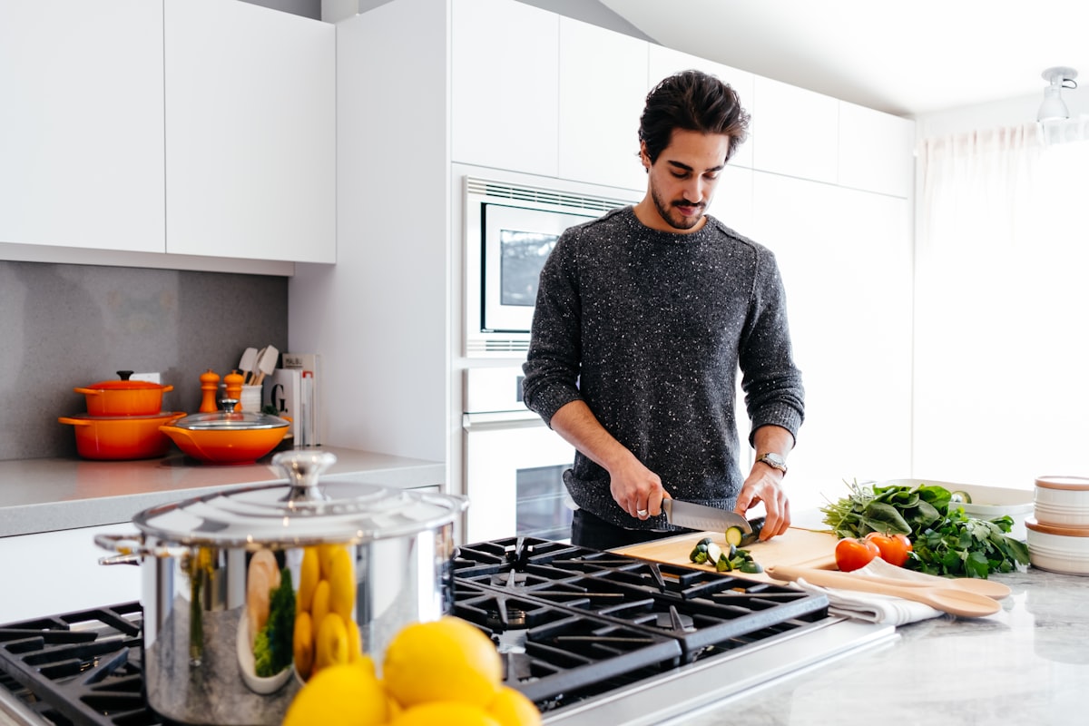 Healthy meal prep bowls arranged on a clean kitchen counter